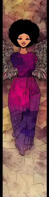 Free angel bookmark featuring an angel in a magenta dress with black accents